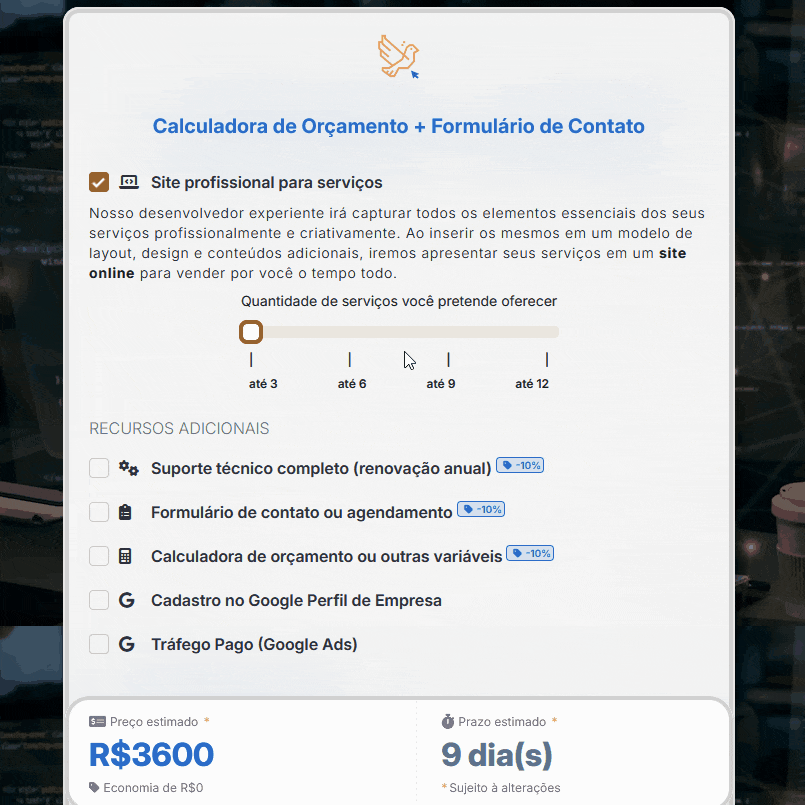 calculadora de orçamento e painel de controle